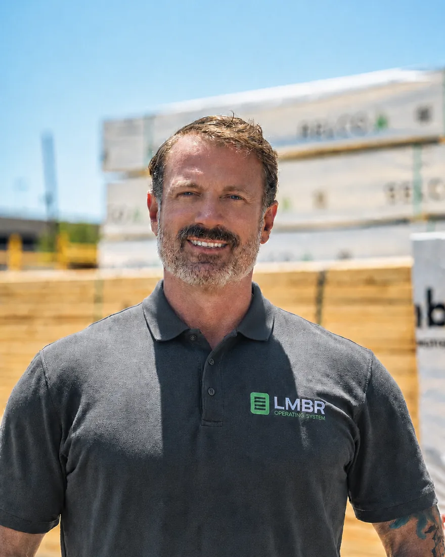 Kenny Mays, founder of LMBR, standing in a lumberyard